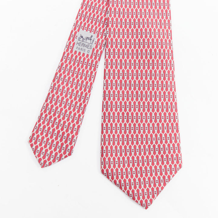 HERMES 7199 UA red grey signature H chain lock print silk tie