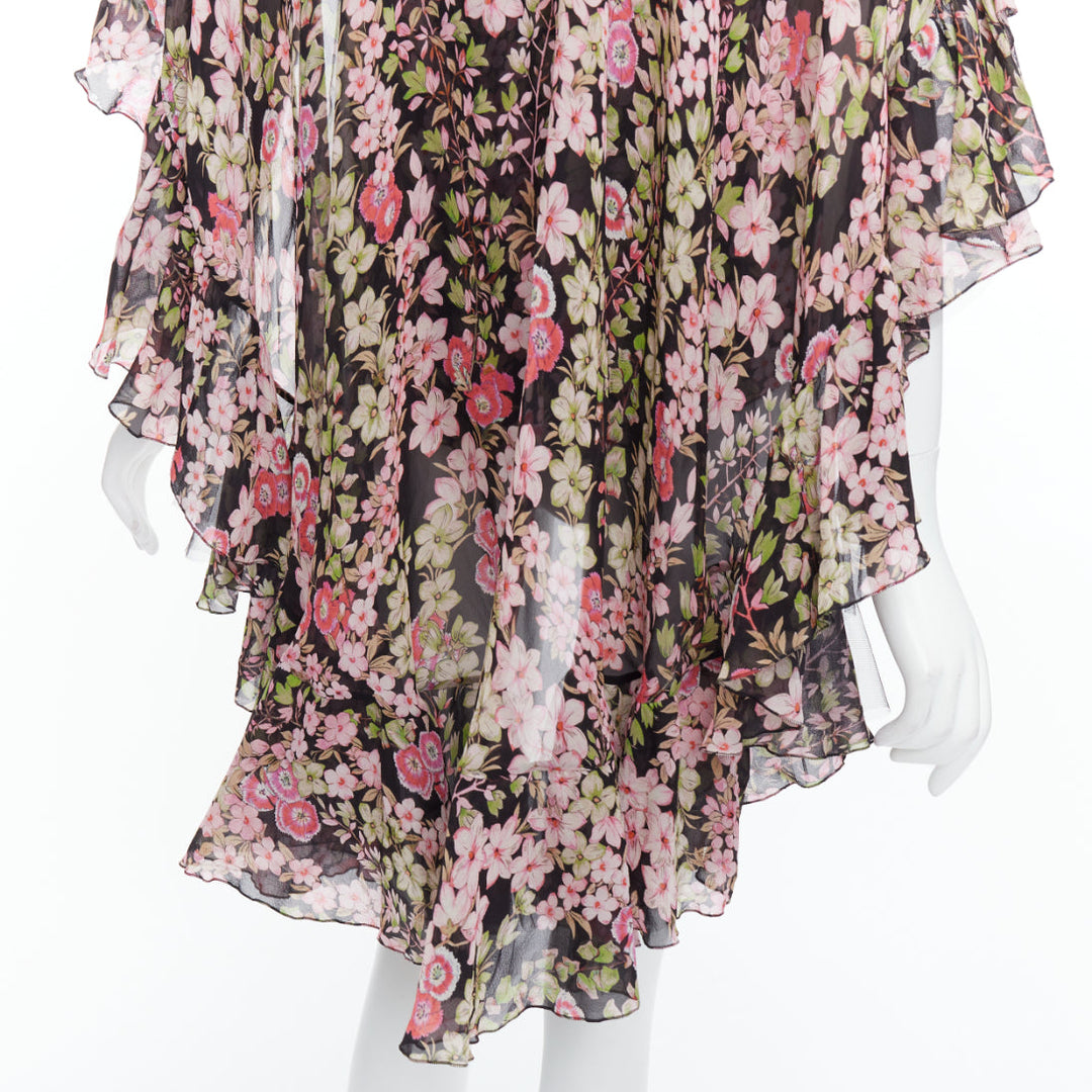 GIAMBATTISTA VALLI pink green floral 100% silk cape back chiffon top IT38 XS