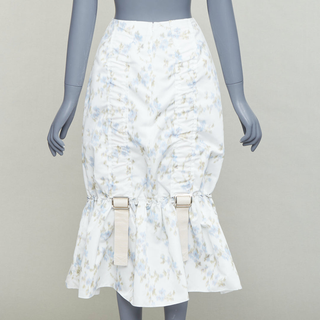 SIMONE ROCHA white blue floral print ruched web trim midi skirt UK4 XXS