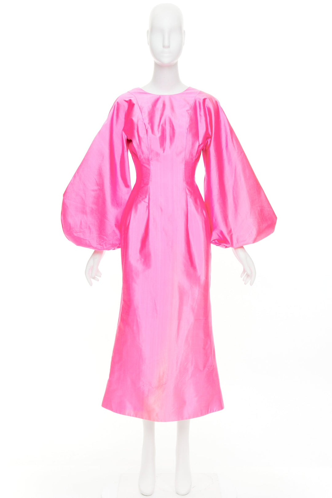 ROSARIO hot pink 100% silk shiny puff sleeves cinched waist midi dress FR36 S ROSARIO hot pink 100% silk shiny puff sleeves cinched waist midi dress FR36 S