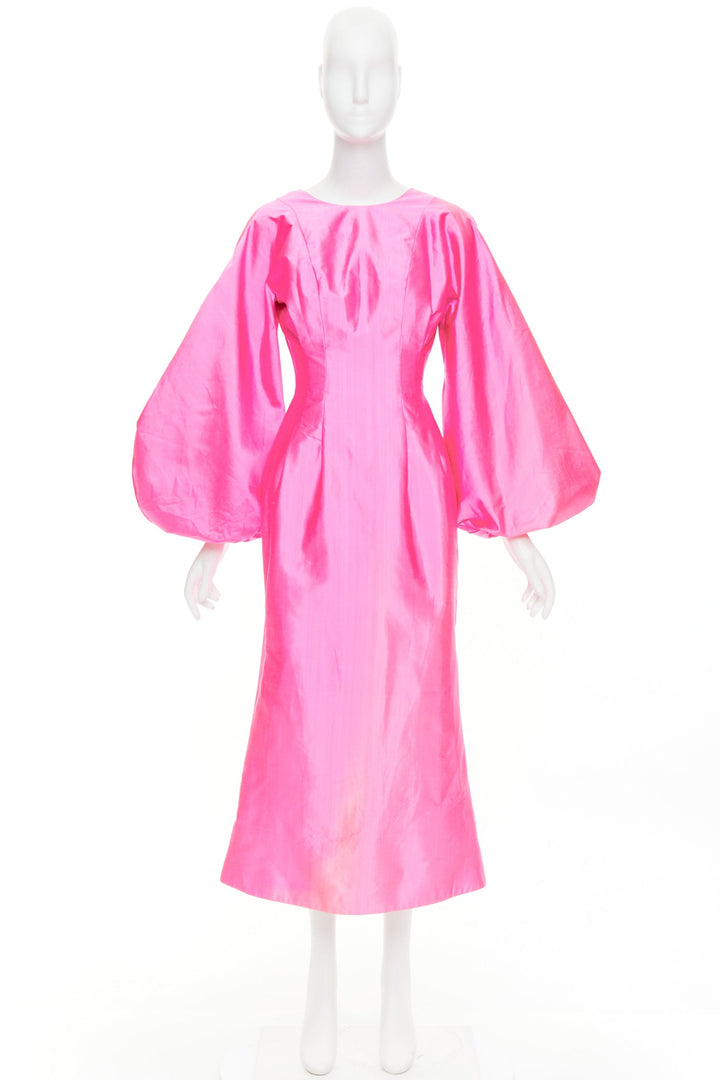 ROSARIO hot pink 100% silk shiny puff sleeves cinched waist midi dress FR36 S