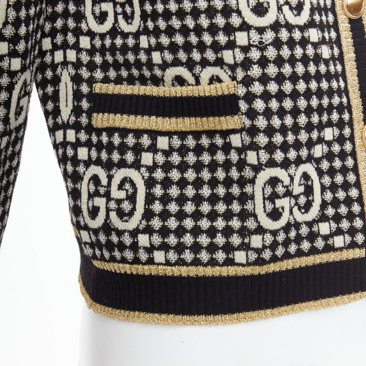 GUCCI gold lurex wool blend monogram jacquard preppy cardigan S