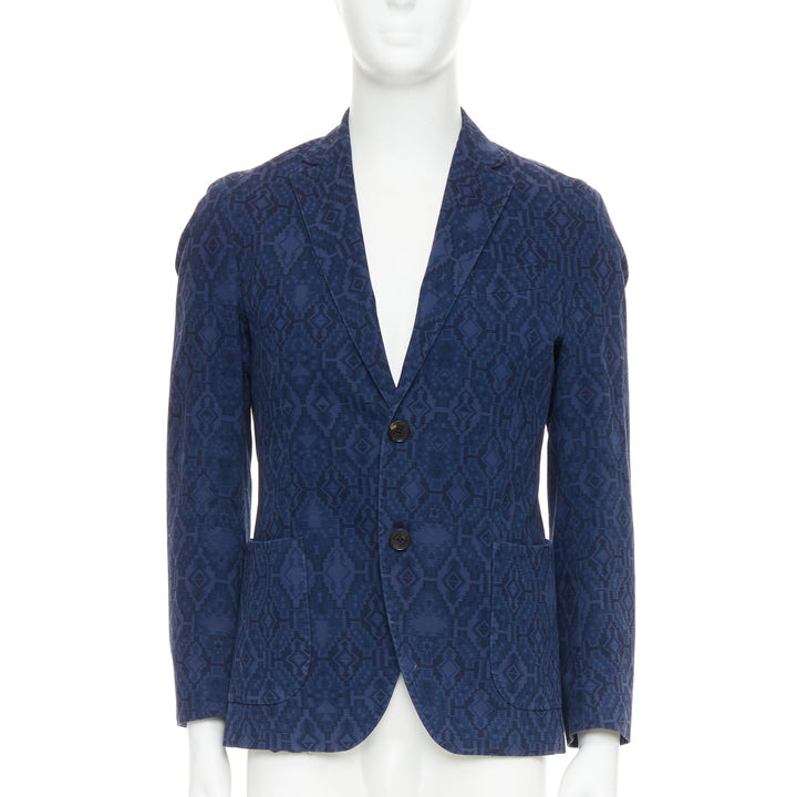 ETRO navy cotton blend aztec print single breasted fitted blazer IT48 M