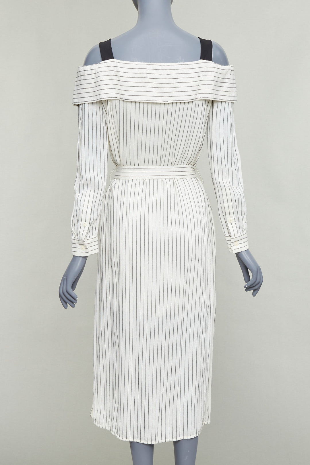 TIBI cream grey pinstriped off shoulder black contrast tie waist dress US4 S