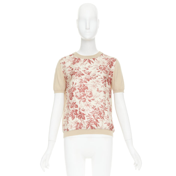 GUCCI Bloom floral butterfly silk print front wool knit sweater top M