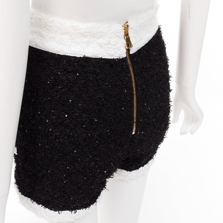 BALMAIN black white sequins tweed gold buttons zip high waisted shorts FR34 XS