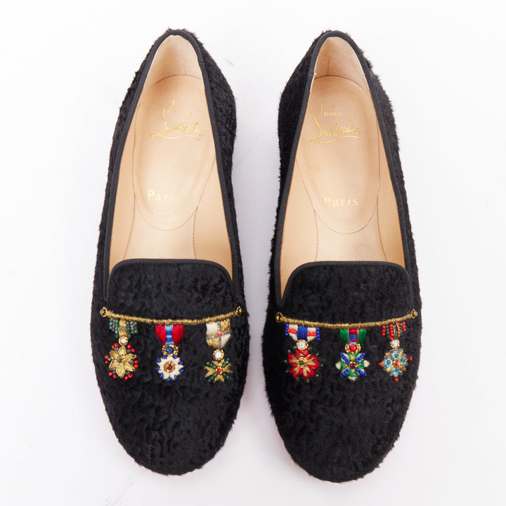 CHRISTIAN LOUBOUTIN Dictateur persian lamb fur Medallion embroidered flats EU37