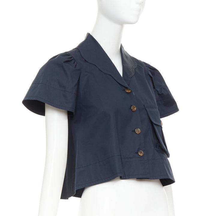 CHARLES ANASTASE 10 CORSO COMO navy smiley button flared crop top shirt FR36 S