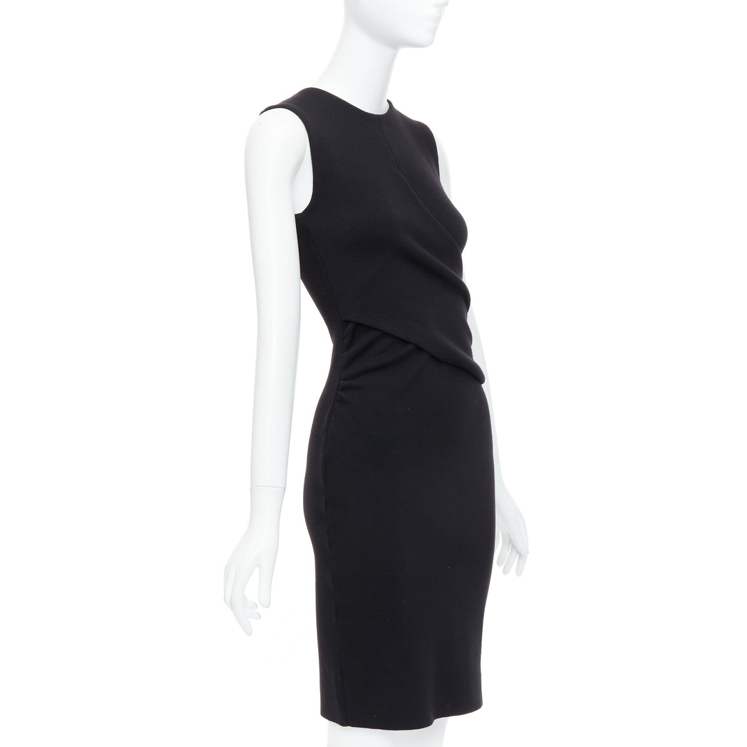 CHRISTIAN DIOR black wool wrap ruched waist sheath dress FR36 S