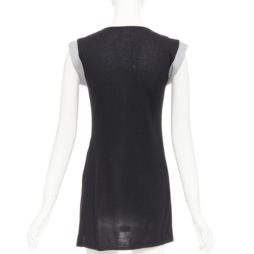 CHANEL 07P Runway black cashmere silk off white bow metal chain dress FR38 M