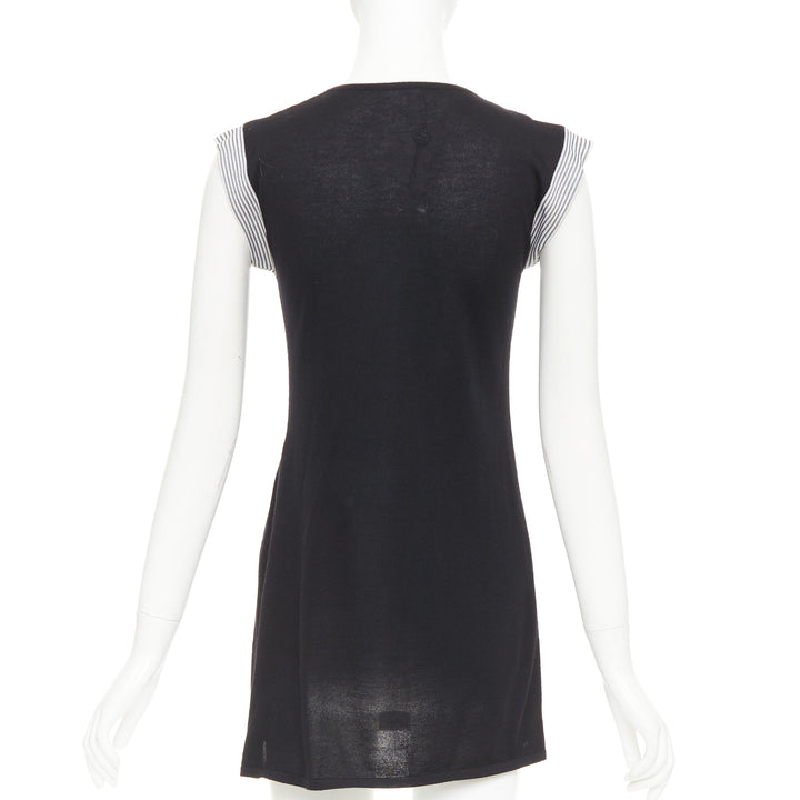 CHANEL 07P Runway black cashmere silk off white bow metal chain dress FR38 M
