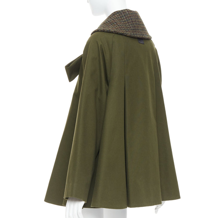 LOEWE khaki green cotton tweed collar bow neck swing coat FR34 XS