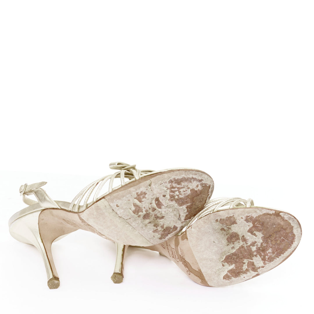 JIMMY CHOO Essence nappa opale gold leather ribbon bow strappy sandals EU37