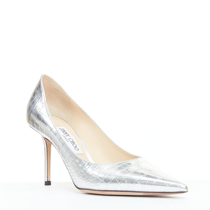 JIMMY CHOO Love mirrored silver croc embossed leather pointy pumps EU39.5