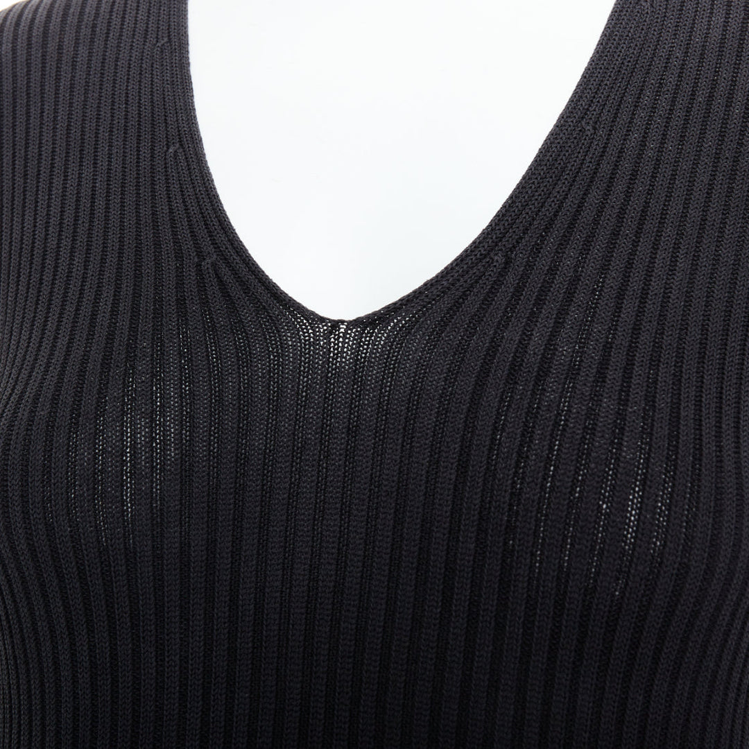 PRADA black 100% silk classic minimal ribbed Vneck long sleeve top IT42 M