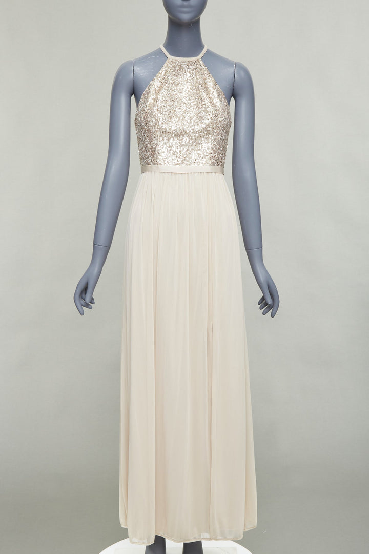 DAVID'S BRIDAL champagne sequin bodice halter ruched goddess dress US0 XS