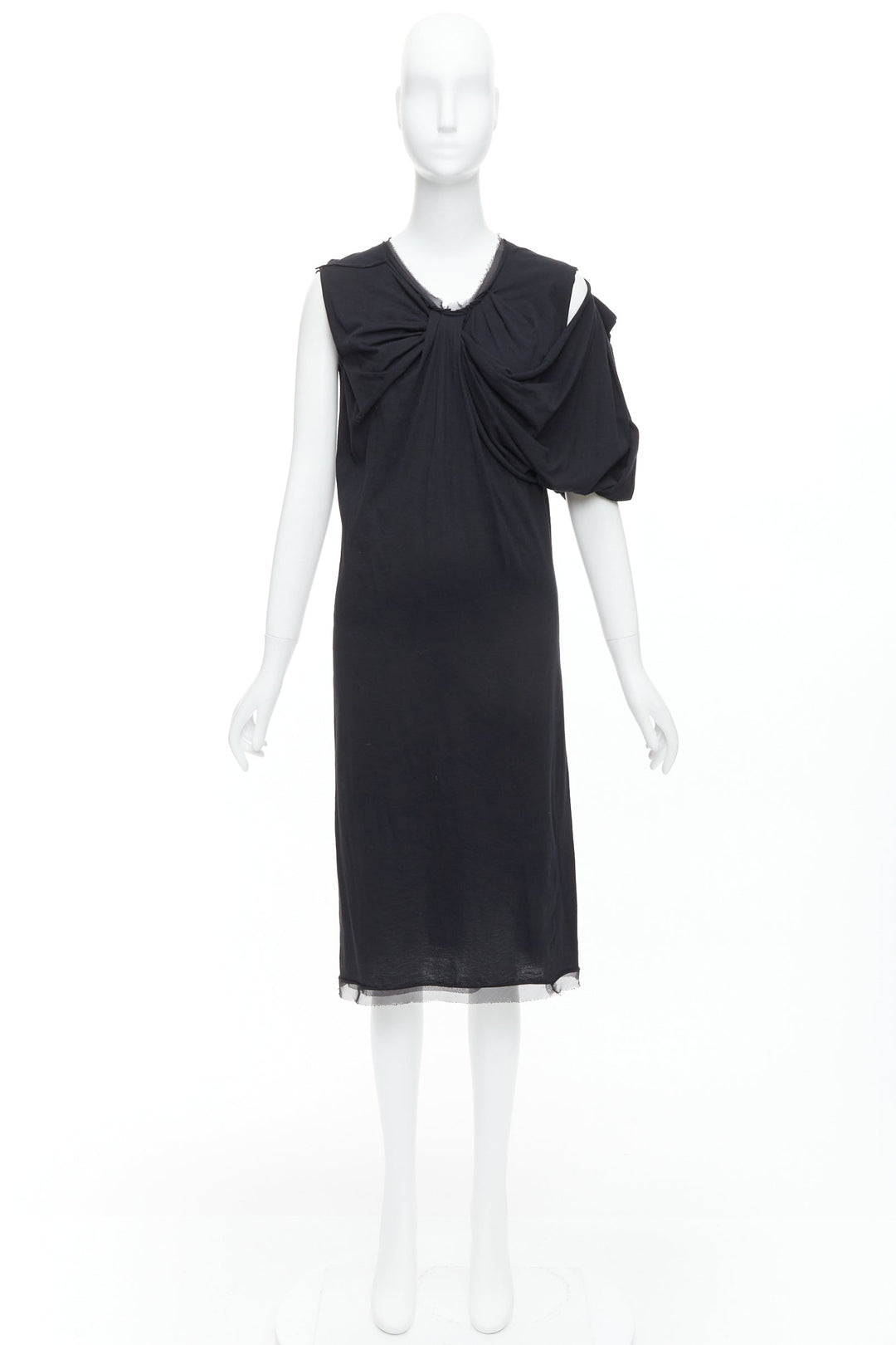 LANVIN black cotton silk trimmed asymmetric draped midi dress XXS