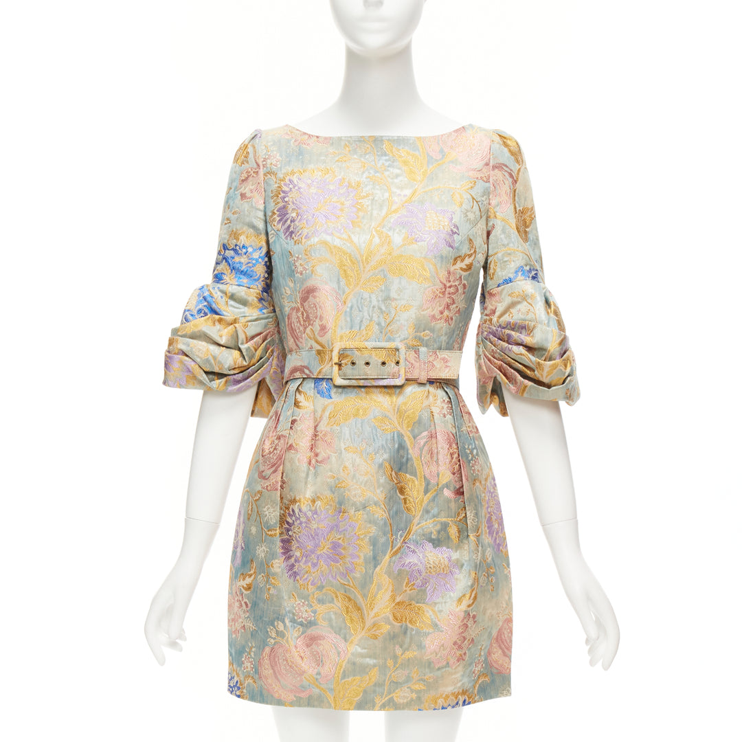ANDREW GN pastels floral lurex jacquard ruched sleeve belted dress FR38 M