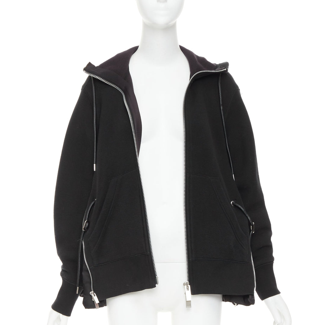 SACAI 2019 black cotton blend nylon side zip deconstructed hybrid hoodie JP2 M