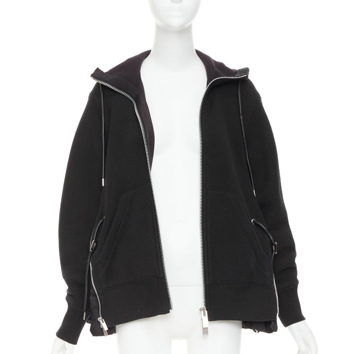 SACAI 2019 black cotton blend nylon side zip deconstructed hybrid hoodie JP2 M