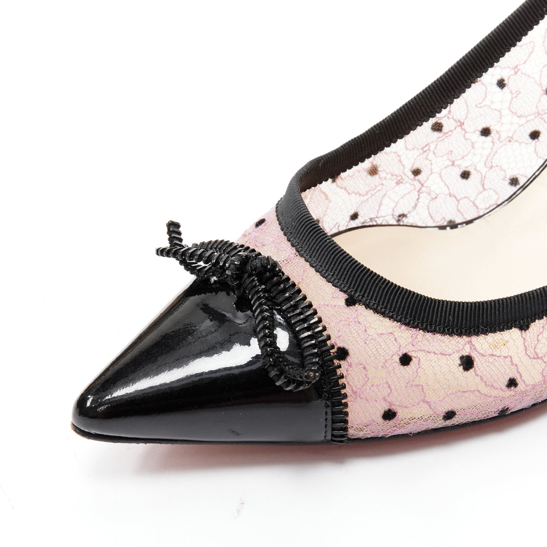 CHRISITIAN LOUBOUTIN Souris 70 pink lace polka dot bow kitten heel EU37.5