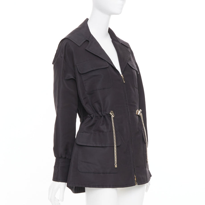 CHANEL 2023 black silk flap pocket gold chain drawstring utility jacket FR34 XS