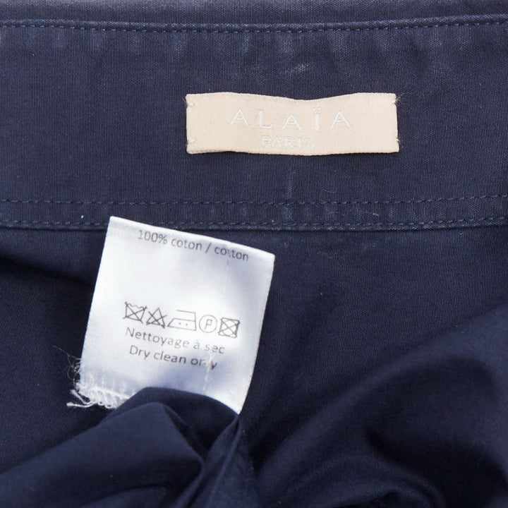 ALAIA navy cotton panelled peplum snatched waist cuffed shirt FR36 S