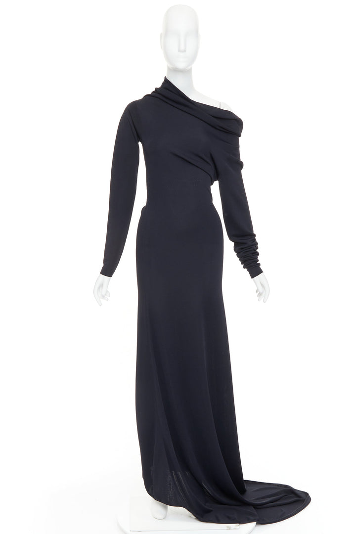 FERRAGAMO Maximilian Davis 2023 black viscose blend off shoulder train gown M