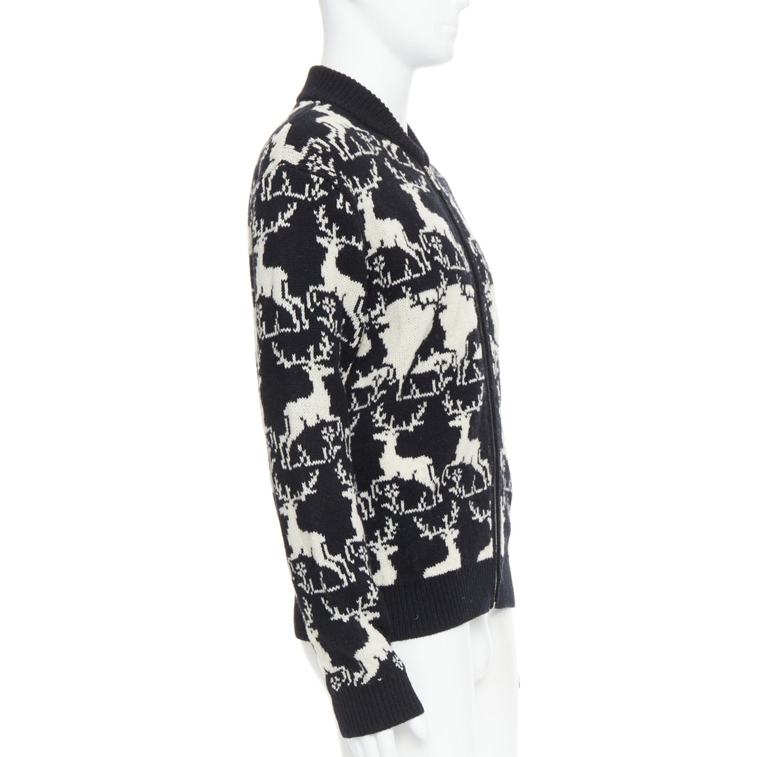 DRIES VAN NOTEN black white wool reindeer intarsia zip up jacket M