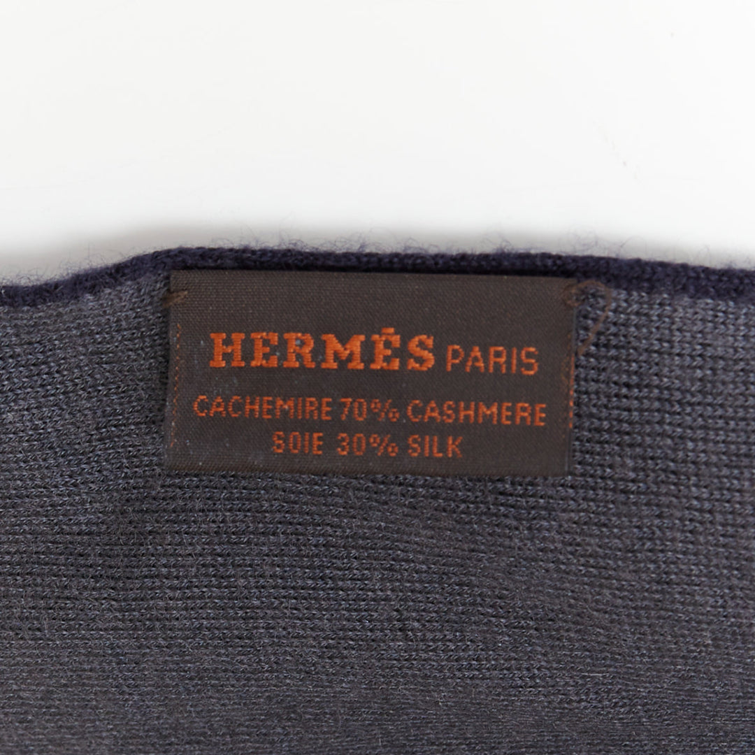 HERMES navy grey cashmere silk reversible H anagram long jersey scarf