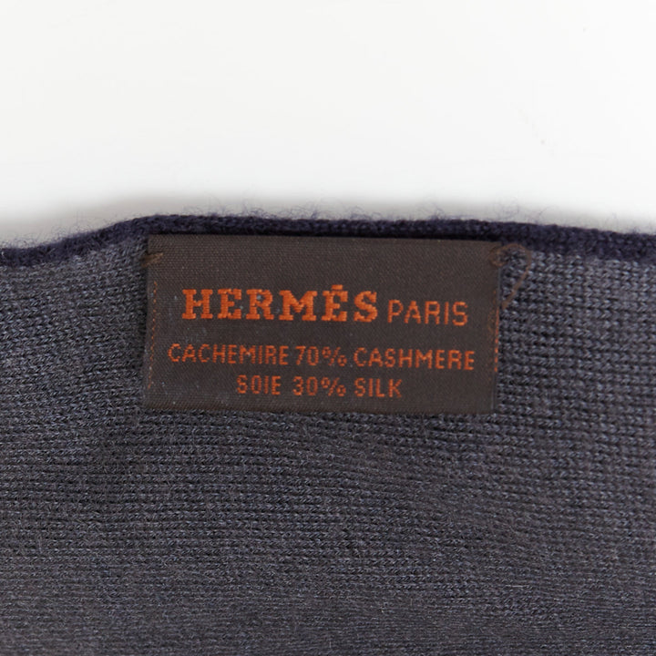 HERMES navy grey cashmere silk reversible H anagram long jersey scarf