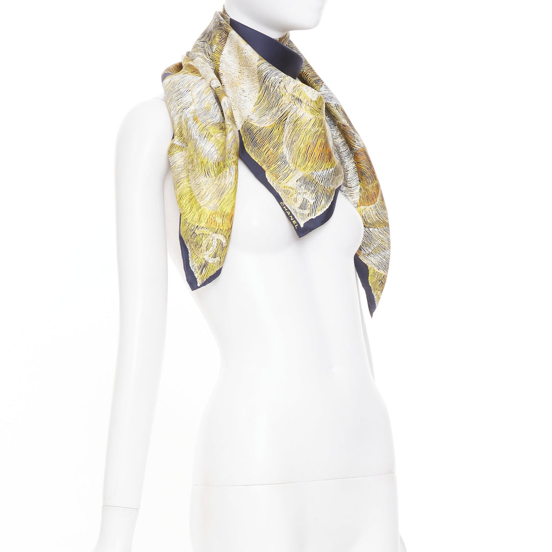 CHANEL navy gold graphic cc camellia logo print silk twill square scarf