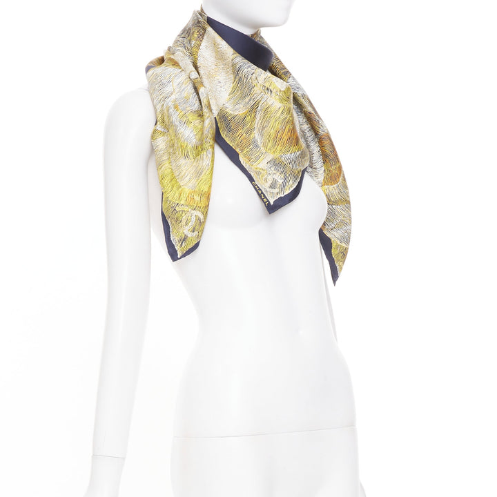 CHANEL navy gold graphic cc camellia logo print silk twill square scarf