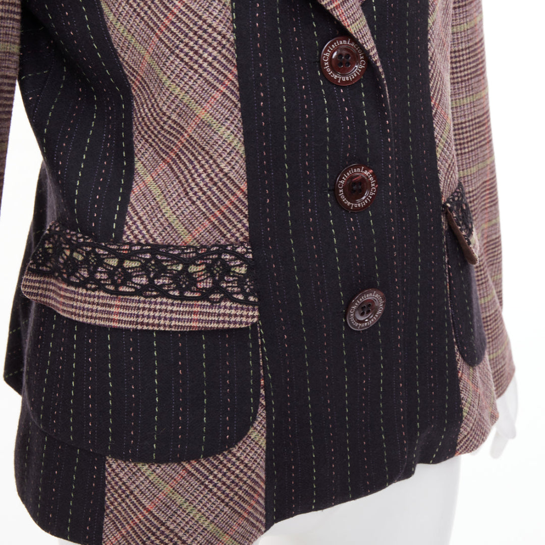 CHRISTIAN LACROIX patchwork plaid pinstripe tailored blazer jacket suit FR44 2XL