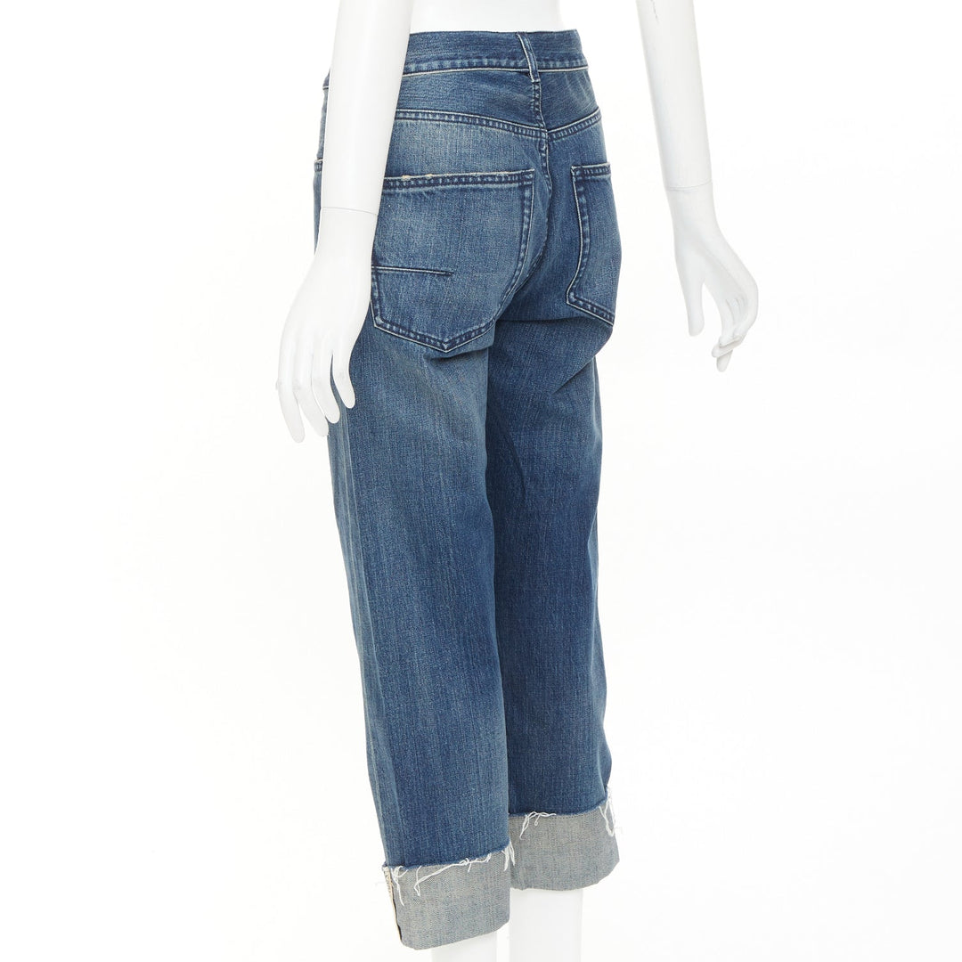 DIOR CD 01 blue denim logo tape cuff frayed boyfriend cropped jeans FR36 S