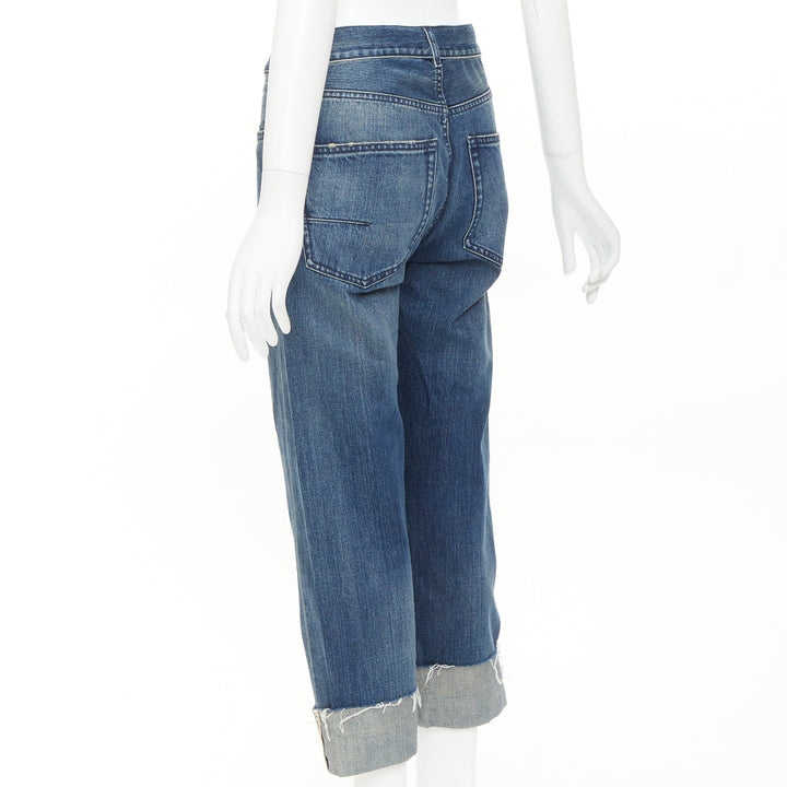 DIOR CD 01 blue denim logo tape cuff frayed boyfriend cropped jeans FR36 S