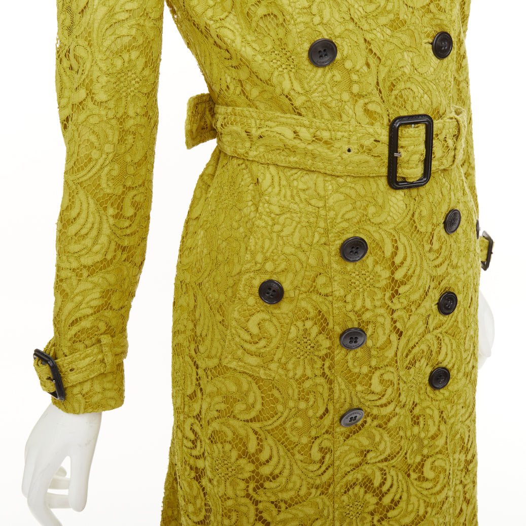 BURBERRY 2013 chartreuse mustard lime macrame lace double breasted trench UK6 XS