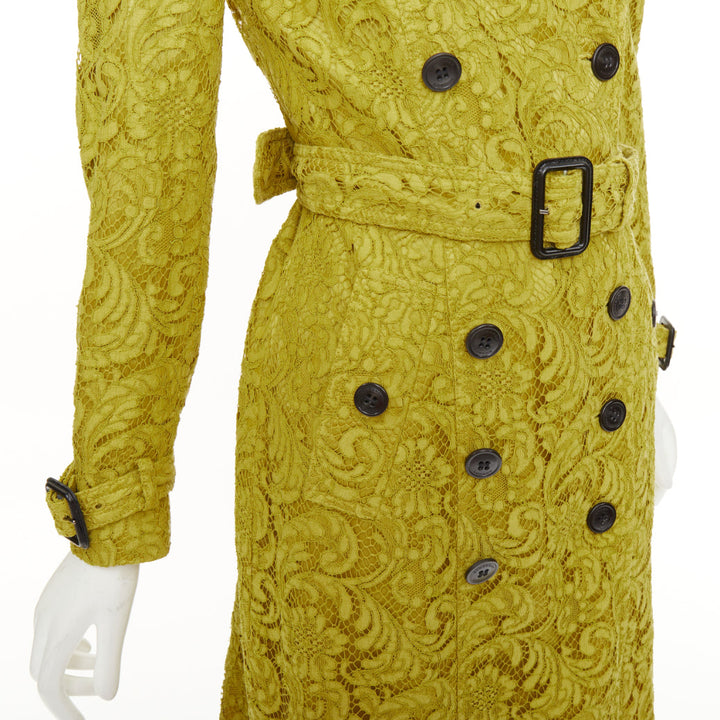 BURBERRY 2013 chartreuse mustard lime macrame lace double breasted trench UK6 XS