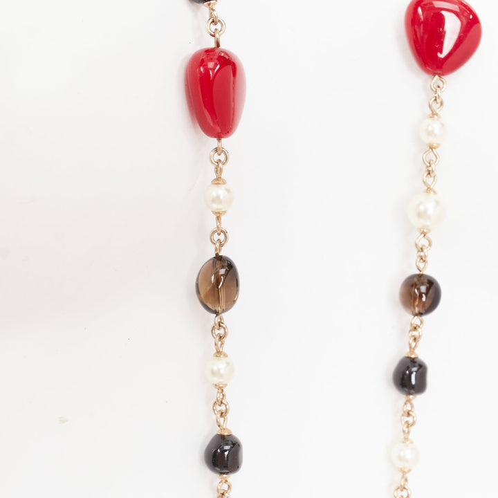 CHANEL A14C black red gripoix enamel Maltese cross CC pearl sautoir necklace