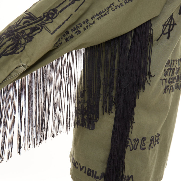R13 2019 Repurposed Embroidered Surplus Fringe olive military shirt OS