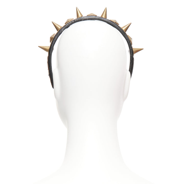 rare GIVENCHY Riccardo Tisci antique gold spike black leather headband