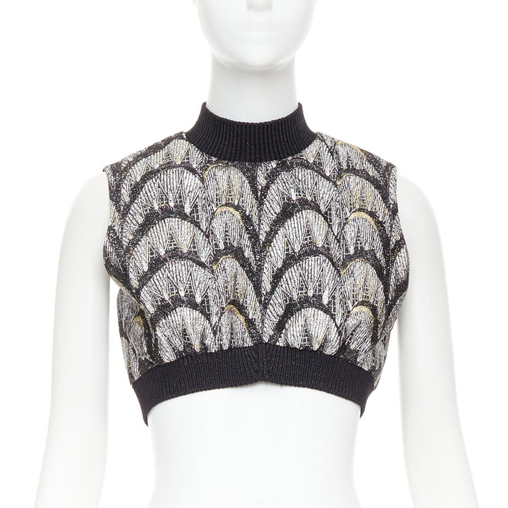 LOUIS VUITTON 2024 Jacquard Crop silver black metallic arch embroidered top FR38