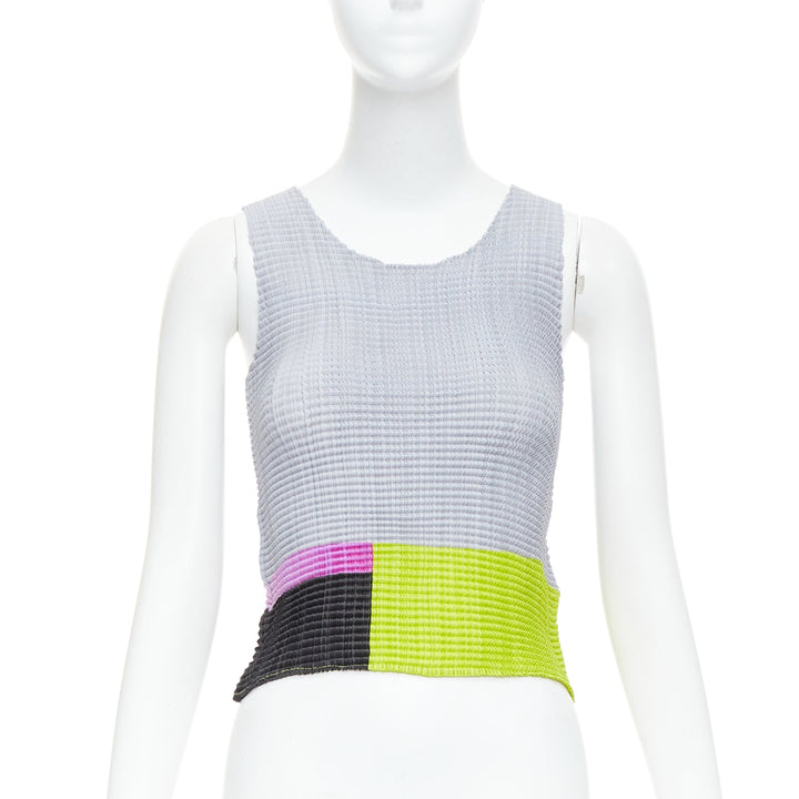 ISSEY MIYAKE neon green pink grey colorblock pleated tank top M