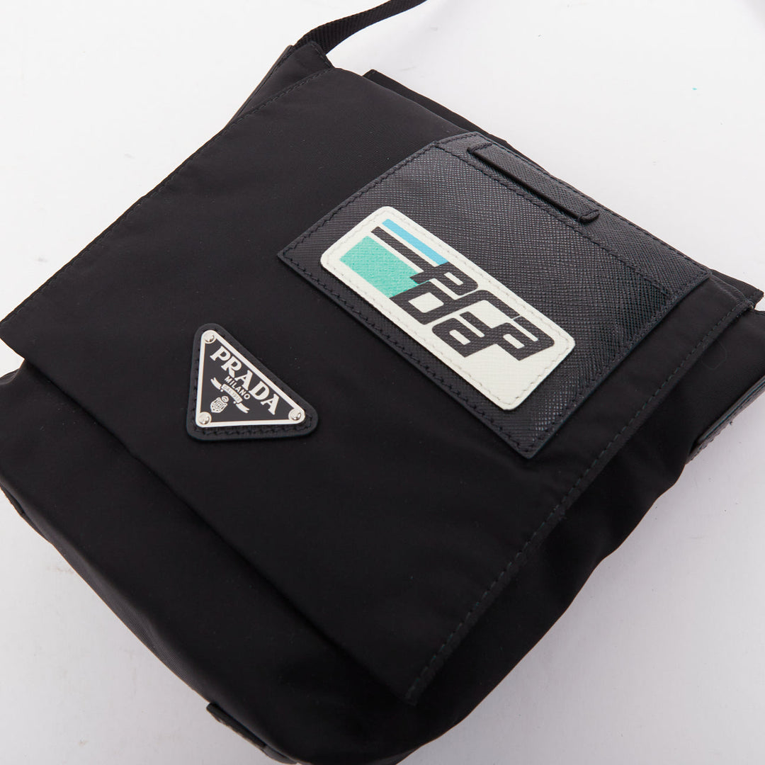 PRADA Racing black tessuto nylon saffiano leather patch logo flap messenger bag