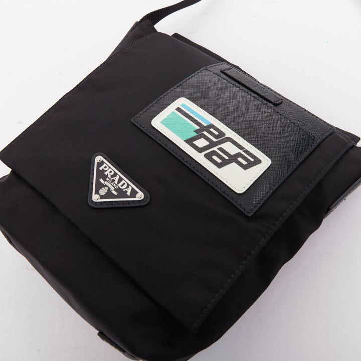 PRADA Racing black tessuto nylon saffiano leather patch logo flap messenger bag
