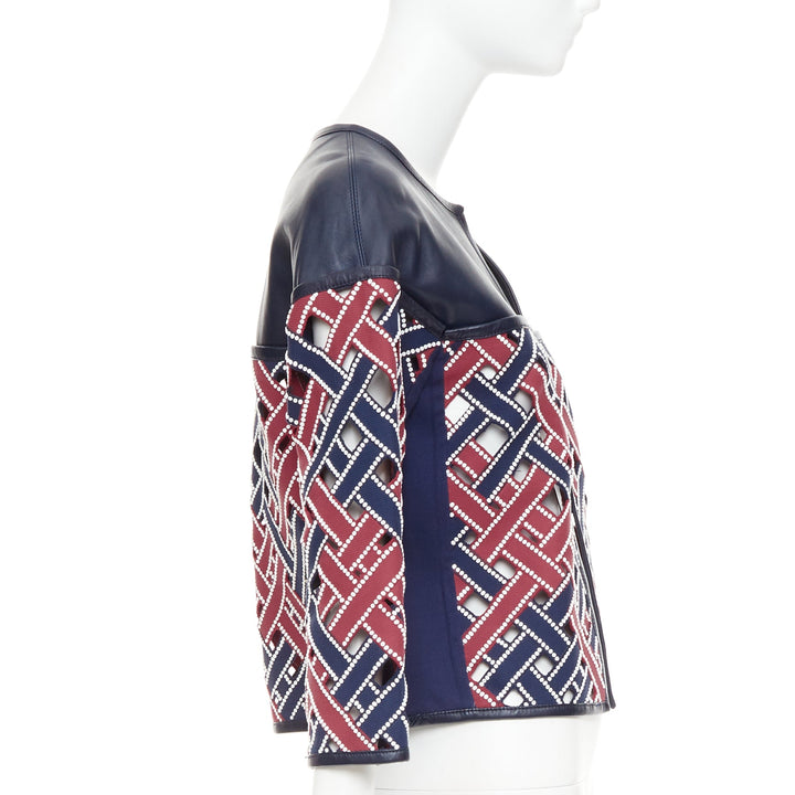LOUIS VUITTON 2012 Runway navy red sequinned cut out woven leather jacket FR36 S