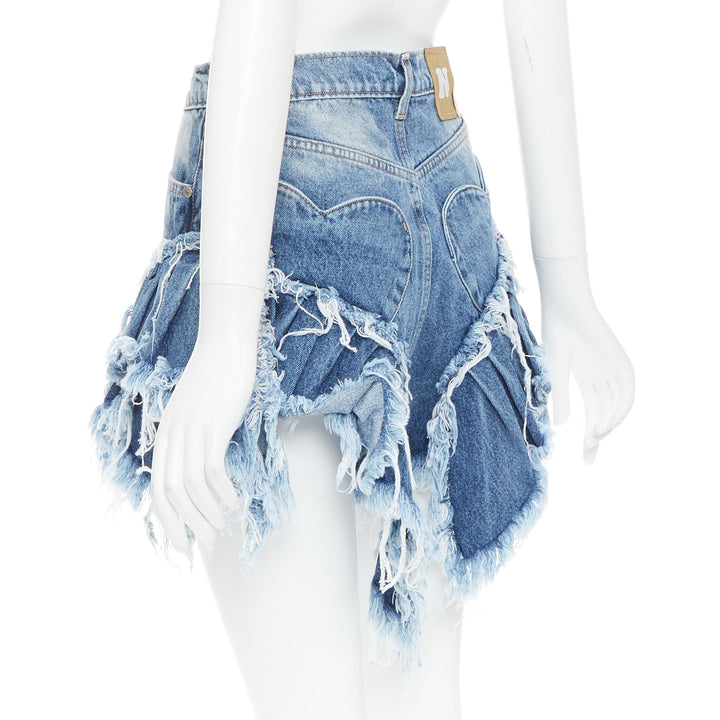 NATASHA ZINKO blue washed frayed layered hem mini high waist shorts XS
