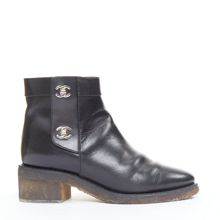 CHANEL Turnlock CC black leather silver logo crepe rubber sole ankle boots EU37