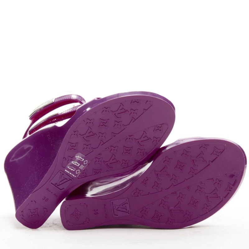LOUIS VUITTON Y2K purple rubber T-strap logo magic tape wedge sandal EU36