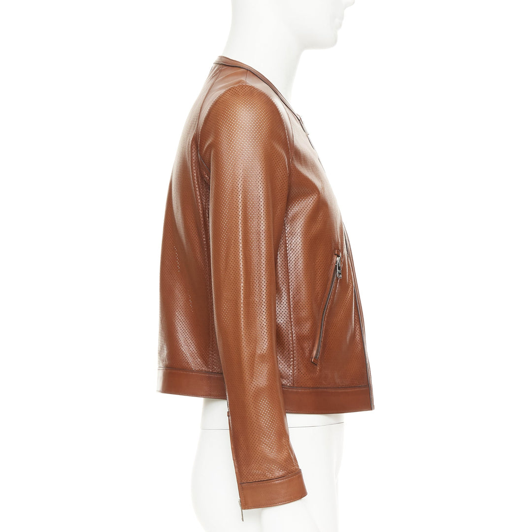 PRADA 2013 brown perforated lambskin leather zip collarless bomber jacket IT46 S